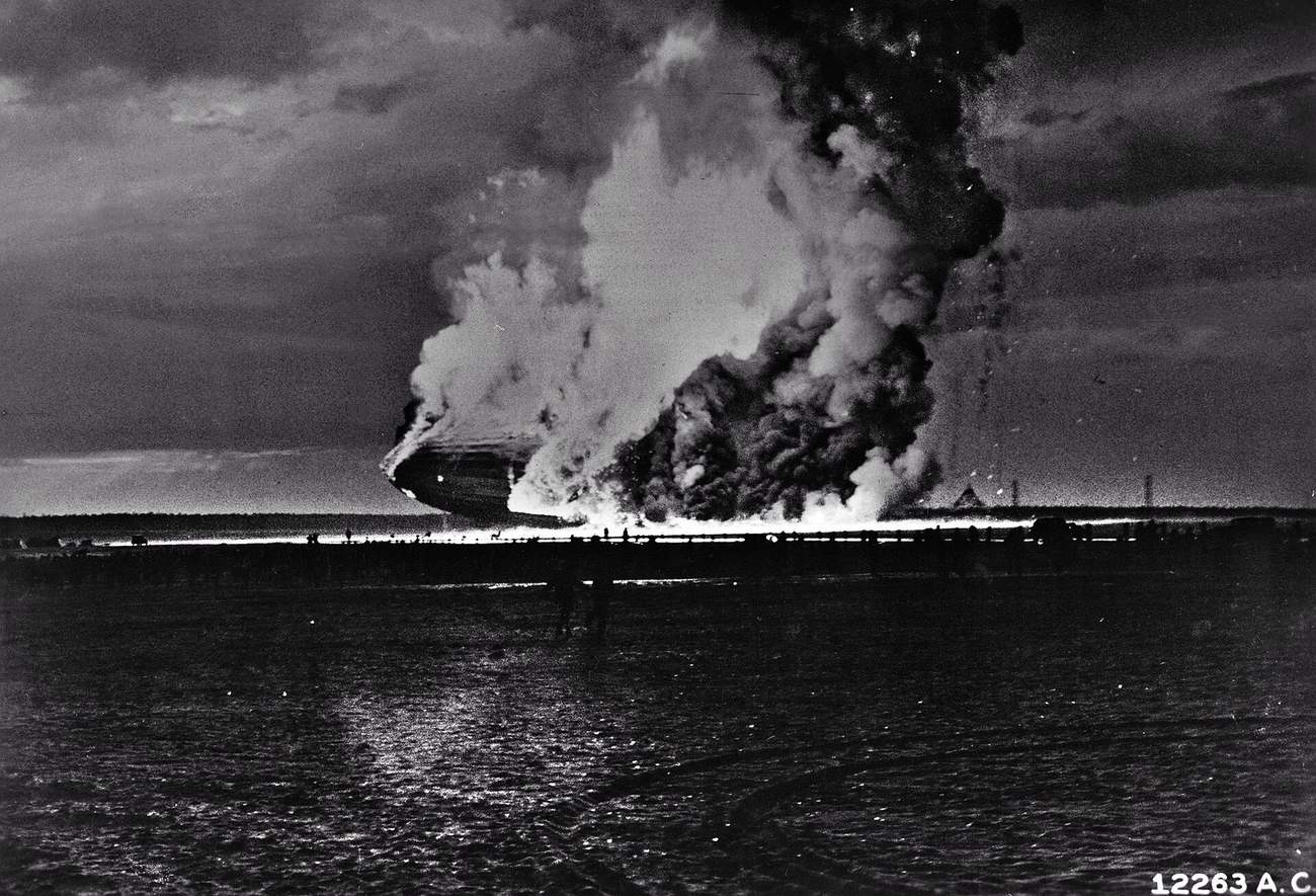 Archive photo of the Hindenburg airship burning, 1937